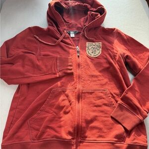 REI Co-op ADV Travel Rust Marooon Zip Up Hooded Sweatshirt Patch Woman’s Large